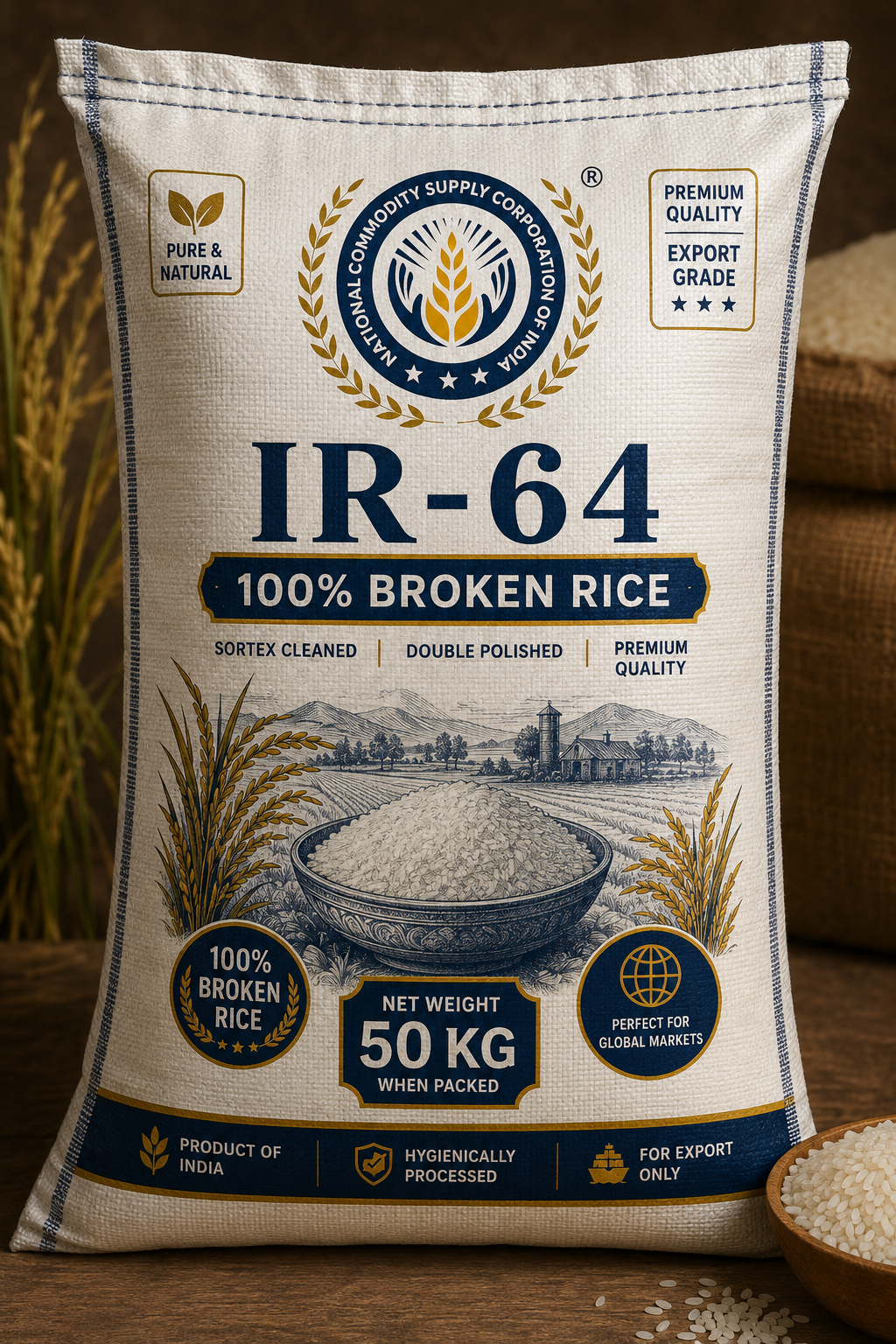 Premium-quality IR 64 rice, processed to deliver uniform 100% broken rice grains, suitable for rice flour manufacturing, food processing, and other industrial applications.